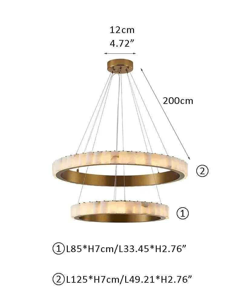 LightsStory Series Geometric Chandelier | Double Ring Natural Alabaster Columns and Sustainable Marble, Black and Gold Metal for Entryways and Dining Areas 2 Tier-D85*7+D125*7CM D33.46*H2.76"+D49.21*H2.76" White + Gold American chandelier