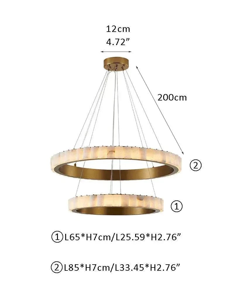 LightsStory Series Geometric Chandelier | Double Ring Natural Alabaster Columns and Sustainable Marble, Black and Gold Metal for Entryways and Dining Areas D65*7+D85*7CM D25.59*H2.76"+D33.46*H2.76" White + Gold American chandelier