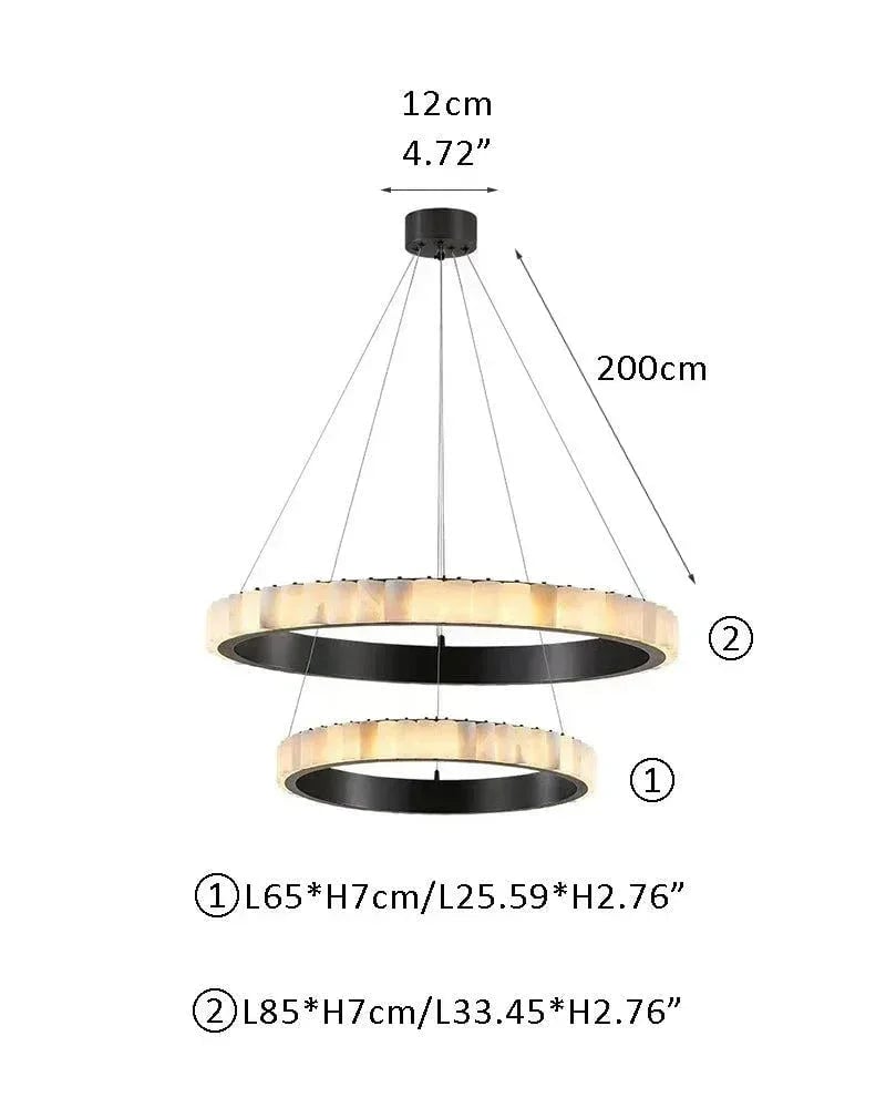 LightsStory Series Geometric Chandelier | Double Ring Natural Alabaster Columns and Sustainable Marble, Black and Gold Metal for Entryways and Dining Areas D65*7+D85*7CM D25.59*H2.76"+D33.46*H2.76" White + Black American chandelier