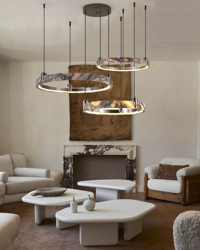 LightsStory Series Geometric Chandelier | Double/Triple Ring Circle Premium Natural Marble, Aged Brass and Black Frame for Living areas, bedrooms, and kitchen islands American chandelier