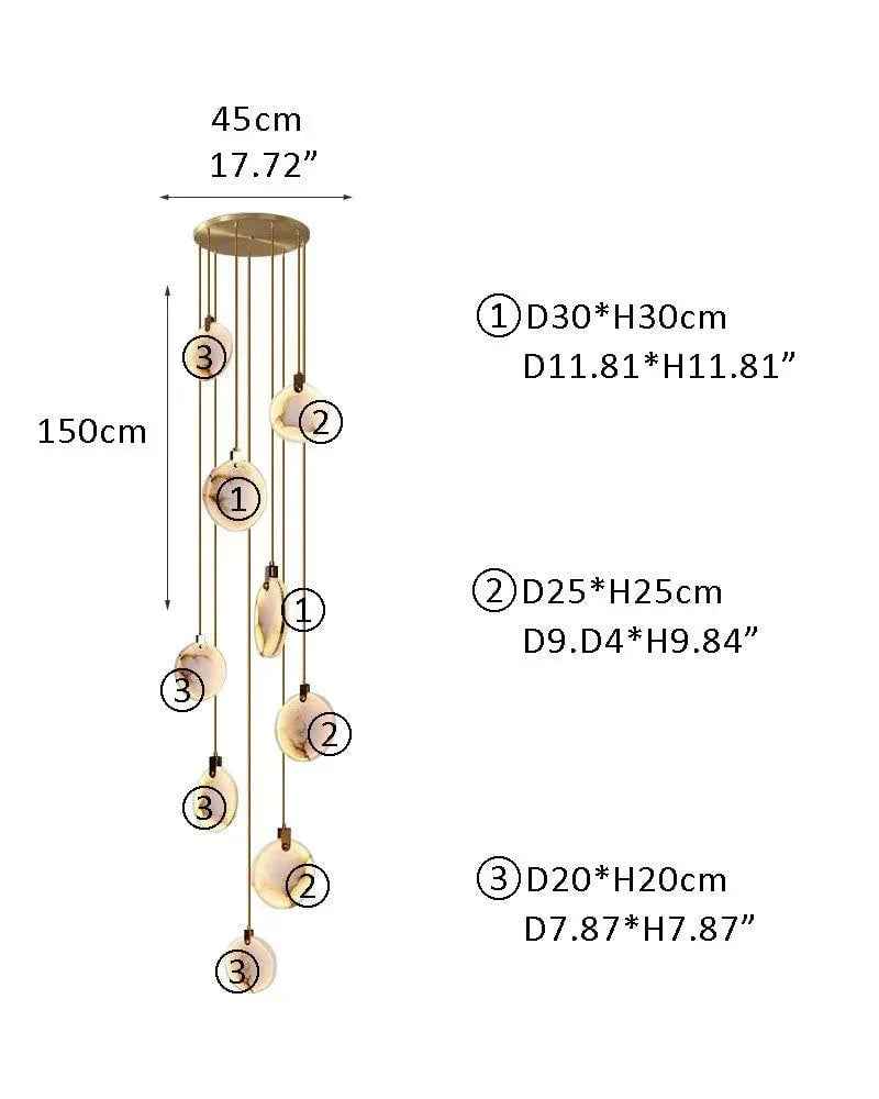 LightsStory Series Geometric Chandelier | Dual-Alabaster Disc Durable brass frame with smooth Spanish marble-like alabaster, Antique Brass finish for Staircases and Entryways 9P-D20*4+D25*3+D30*2CM White + Brass Modern Pendant lamp