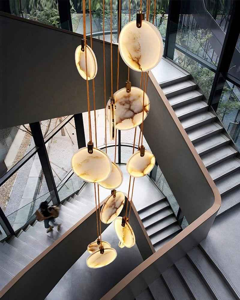 LightsStory Series Geometric Chandelier | Dual-Alabaster Disc Durable brass frame with smooth Spanish marble-like alabaster, Antique Brass finish for Staircases and Entryways Modern Pendant lamp