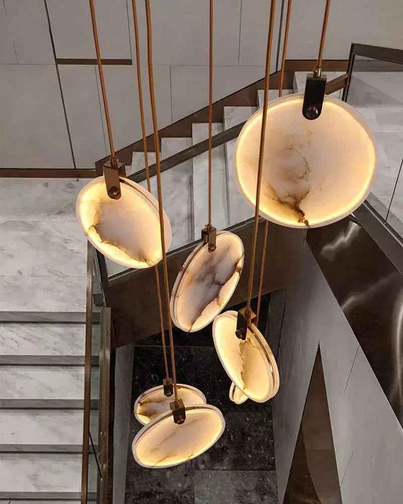 LightsStory Series Geometric Chandelier | Dual-Alabaster Disc Durable brass frame with smooth Spanish marble-like alabaster, Antique Brass finish for Staircases and Entryways Modern Pendant lamp