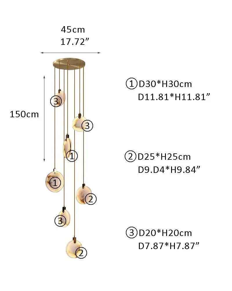 LightsStory Series Geometric Chandelier | Dual-Alabaster Disc Durable brass frame with smooth Spanish marble-like alabaster, Antique Brass finish for Staircases and Entryways 7P-D20*3+D25*2+D30*2CM White + Brass Modern Pendant lamp