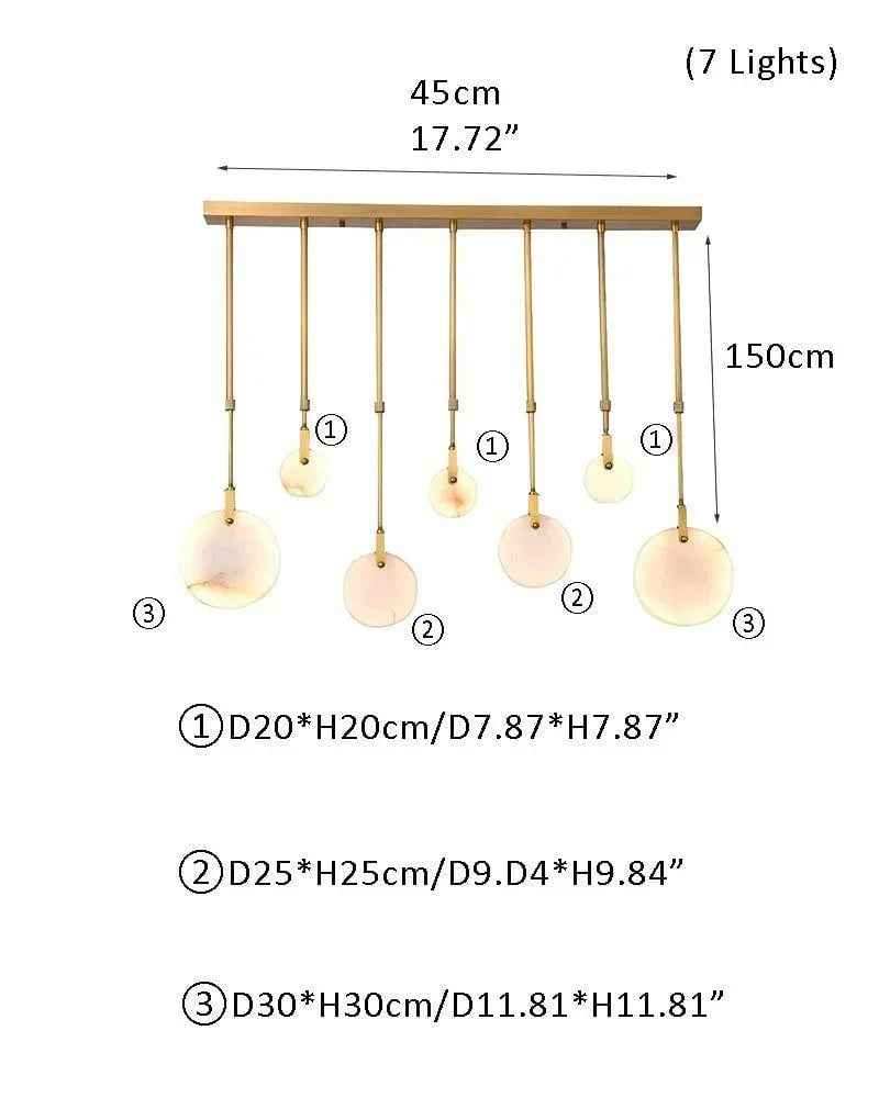 LightsStory Series Geometric Chandelier | Dual-Alabaster Disc Durable brass frame with smooth Spanish marble-like alabaster, Antique Brass finish for Staircases and Entryways L-7P-D20*3+D25*2+D30*2CM White + Brass Modern Pendant lamp
