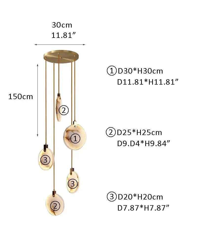 LightsStory Series Geometric Chandelier | Dual-Alabaster Disc Durable brass frame with smooth Spanish marble-like alabaster, Antique Brass finish for Staircases and Entryways 5P-D20*2+D25*2+D30CM White + Brass Modern Pendant lamp