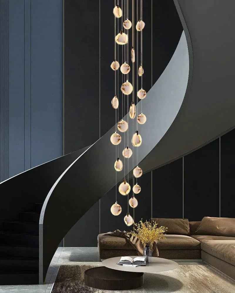 LightsStory Series Geometric Chandelier | Dual-Alabaster Disc Durable brass frame with smooth Spanish marble-like alabaster, Antique Brass finish for Staircases and Entryways Modern Pendant lamp
