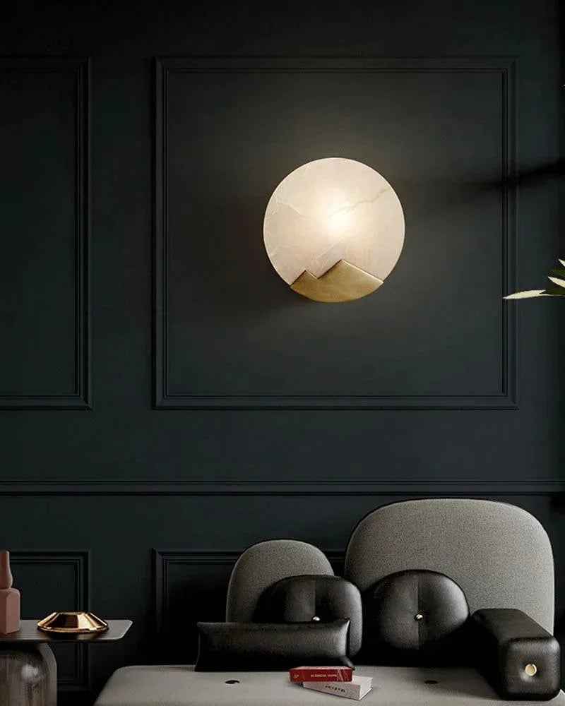 LightsStory Series Geometric Chandelier | Dual-Alabaster Disc Durable brass frame with smooth Spanish marble-like alabaster, Antique Brass finish for Staircases and Entryways Modern Pendant lamp
