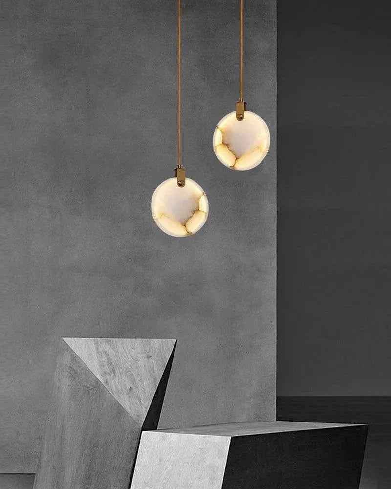 LightsStory Series Geometric Chandelier | Dual-Alabaster Disc Durable brass frame with smooth Spanish marble-like alabaster, Antique Brass finish for Staircases and Entryways Modern Pendant lamp
