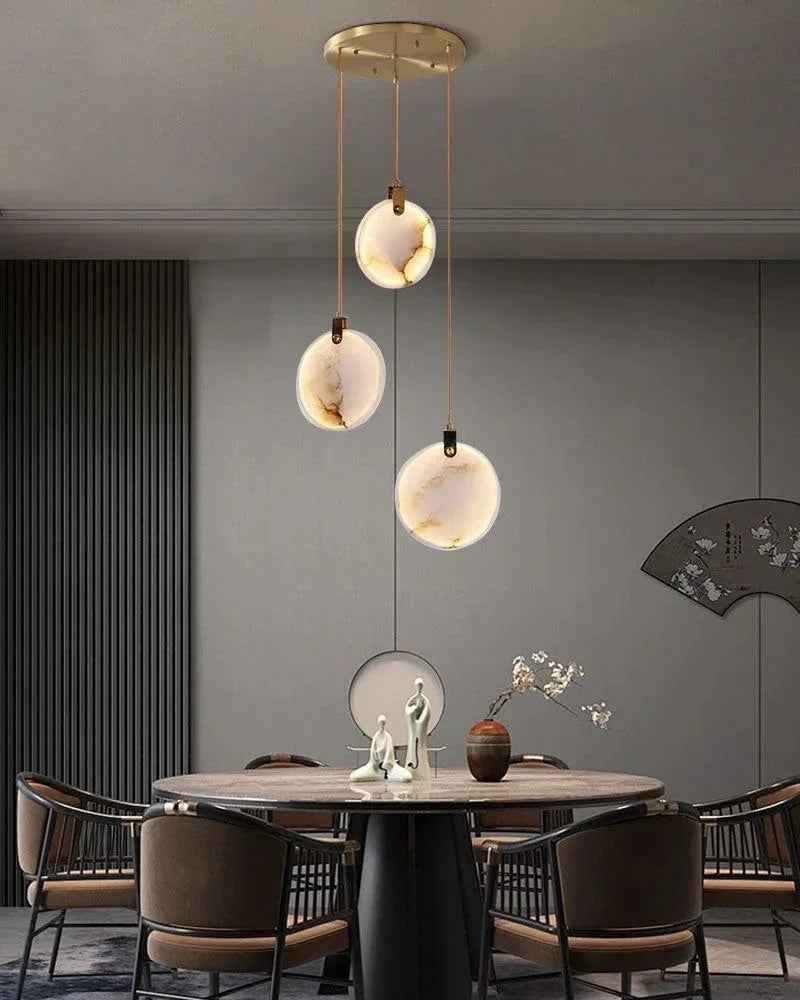 LightsStory Series Geometric Chandelier | Dual-Alabaster Disc Durable brass frame with smooth Spanish marble-like alabaster, Antique Brass finish for Staircases and Entryways Modern Pendant lamp
