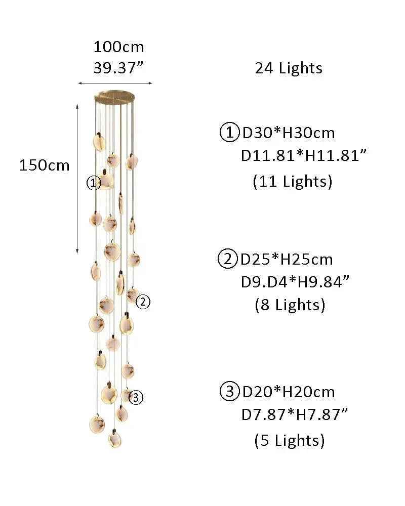 LightsStory Series Geometric Chandelier | Dual-Alabaster Disc Durable brass frame with smooth Spanish marble-like alabaster, Antique Brass finish for Staircases and Entryways 24P-D20*5+D25*8+D30*11CM White + Brass Modern Pendant lamp