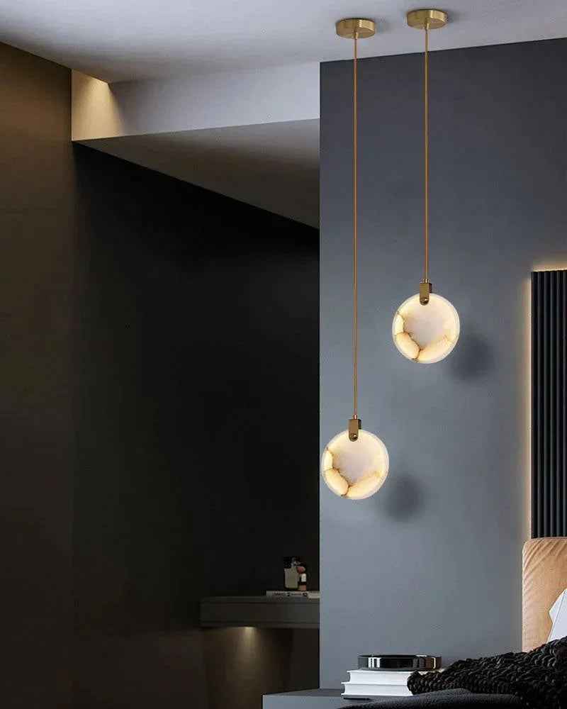 LightsStory Series Geometric Chandelier | Dual-Alabaster Disc Durable brass frame with smooth Spanish marble-like alabaster, Antique Brass finish for Staircases and Entryways Modern Pendant lamp