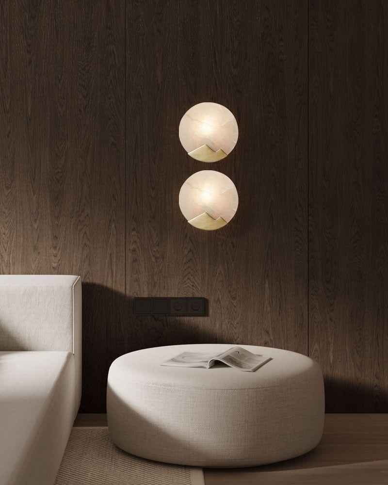 LightsStory Series Geometric Chandelier | Dual-Alabaster Disc Durable brass frame with smooth Spanish marble-like alabaster, Antique Brass finish for Staircases and Entryways Modern Pendant lamp