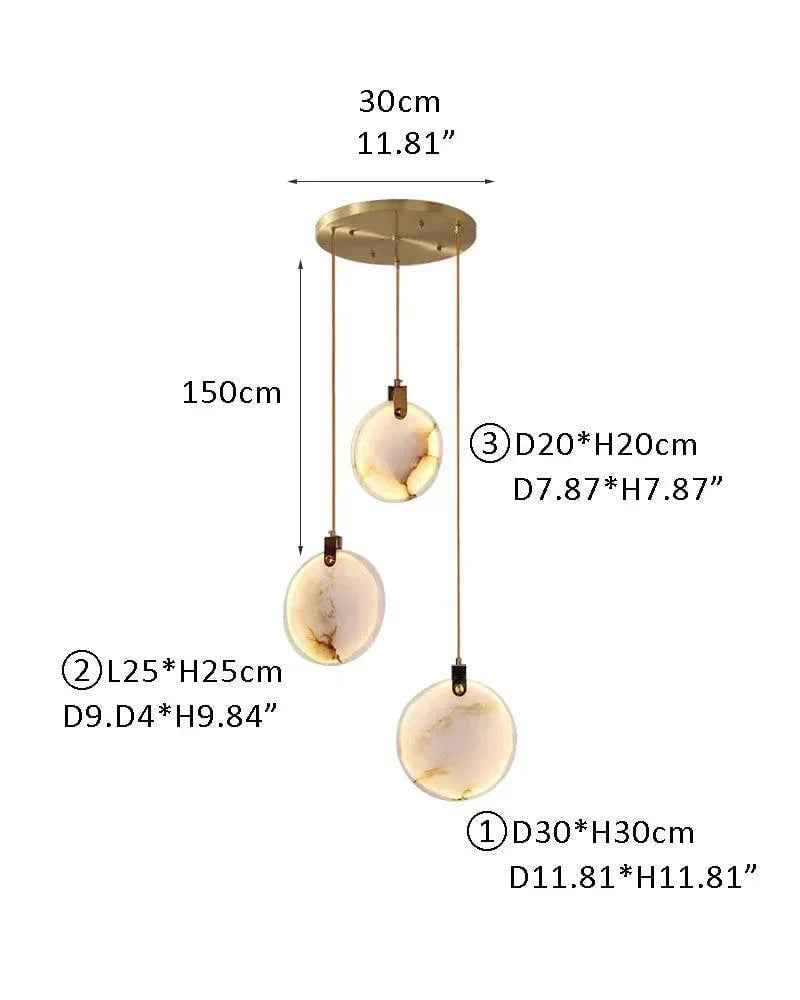 LightsStory Series Geometric Chandelier | Dual-Alabaster Disc Durable brass frame with smooth Spanish marble-like alabaster, Antique Brass finish for Staircases and Entryways 3P-D20+D25+D30CM White + Brass Modern Pendant lamp