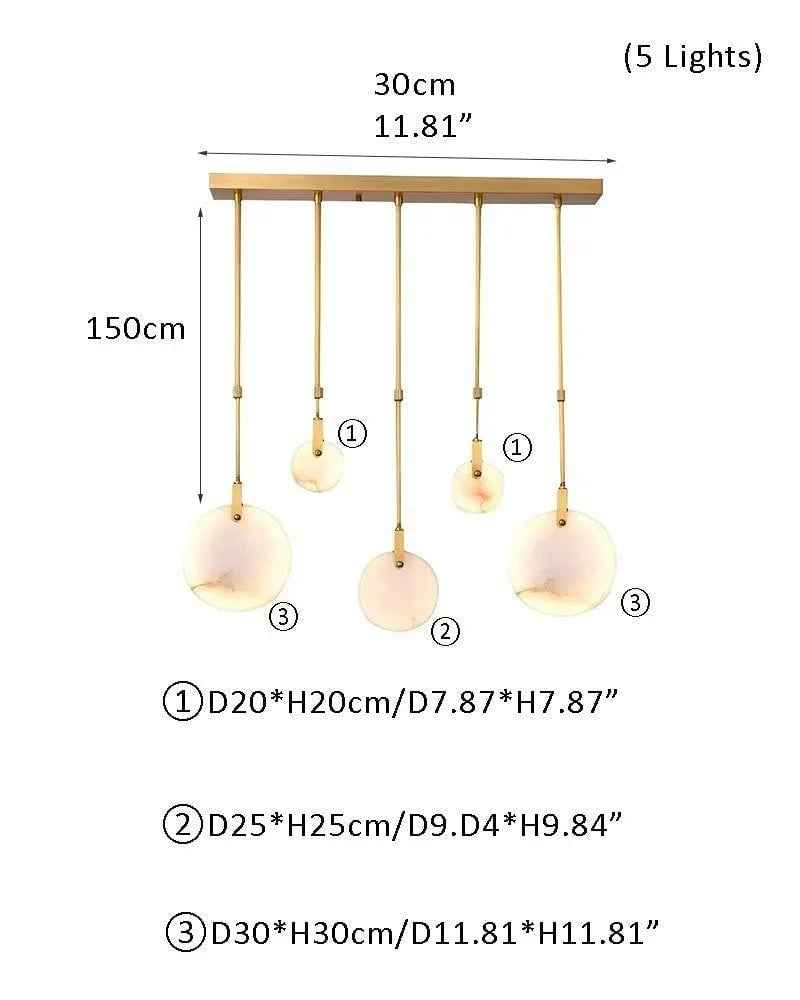 LightsStory Series Geometric Chandelier | Dual-Alabaster Disc Durable brass frame with smooth Spanish marble-like alabaster, Antique Brass finish for Staircases and Entryways L-5P-D20*2+D25*1+D30*2CM White + Brass Modern Pendant lamp