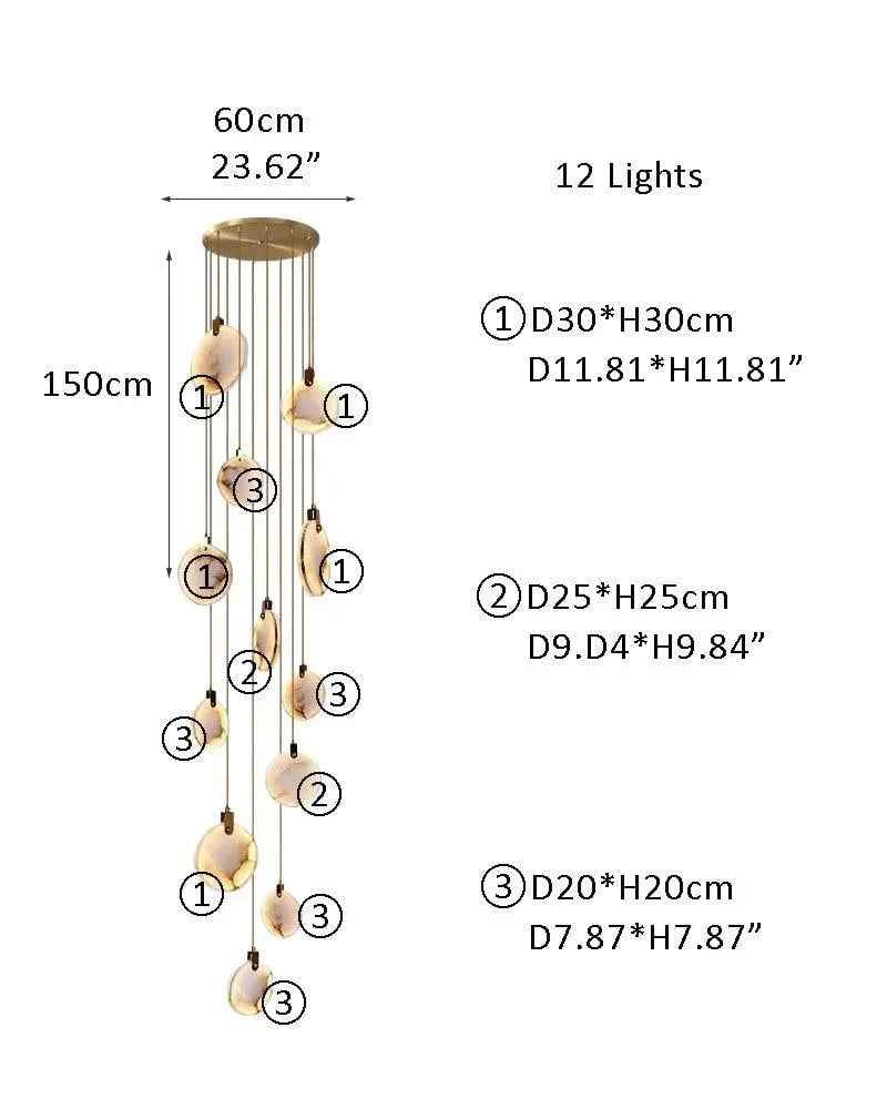 LightsStory Series Geometric Chandelier | Dual-Alabaster Disc Durable brass frame with smooth Spanish marble-like alabaster, Antique Brass finish for Staircases and Entryways 12P-D20*4+D25*3+D30*5CM White + Brass Modern Pendant lamp