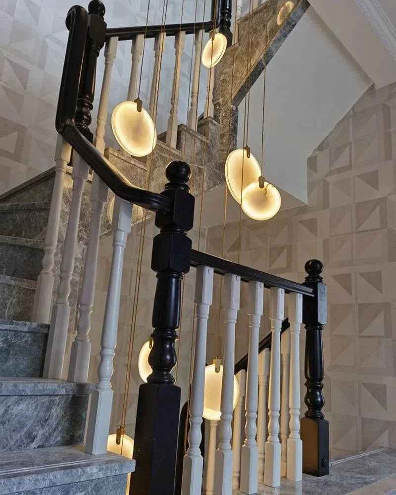 LightsStory Series Geometric Chandelier | Dual-Alabaster Disc Durable brass frame with smooth Spanish marble-like alabaster, Antique Brass finish for Staircases and Entryways Modern Pendant lamp