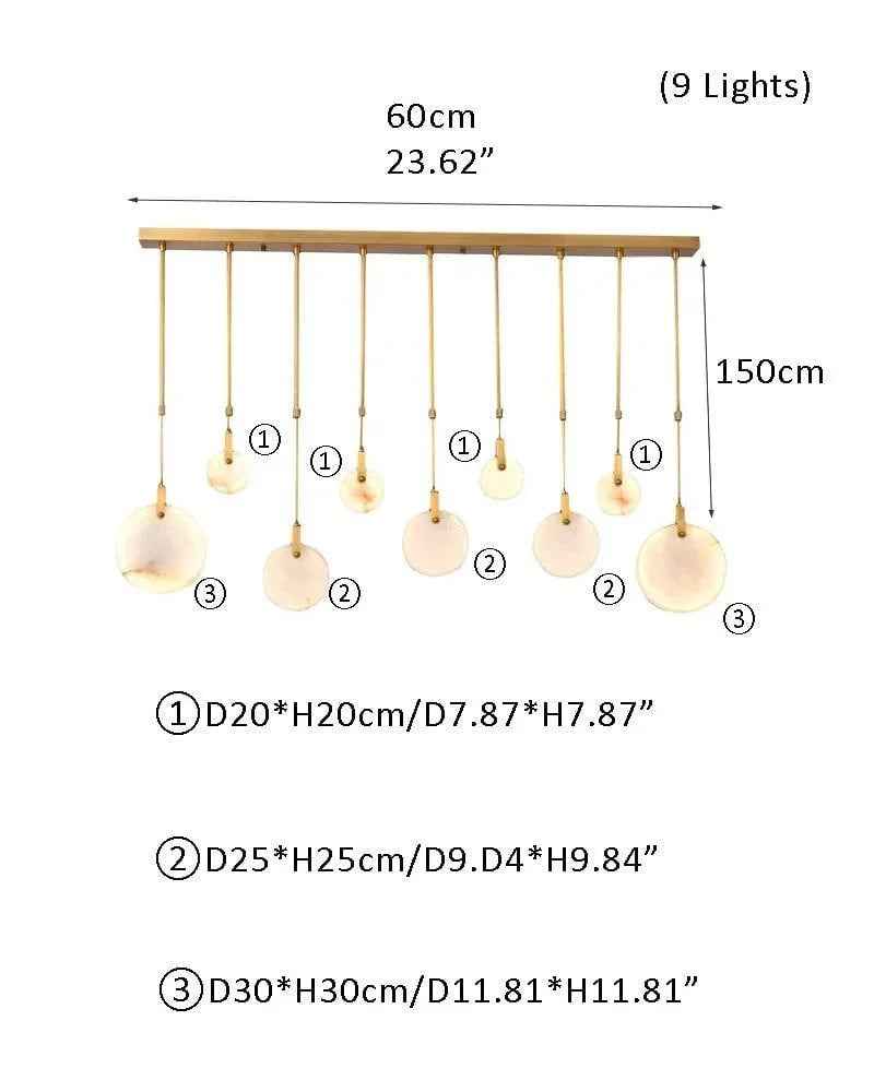LightsStory Series Geometric Chandelier | Dual-Alabaster Disc Durable brass frame with smooth Spanish marble-like alabaster, Antique Brass finish for Staircases and Entryways L-9P-D20*4+D25*3+D30*2CM White + Brass Modern Pendant lamp