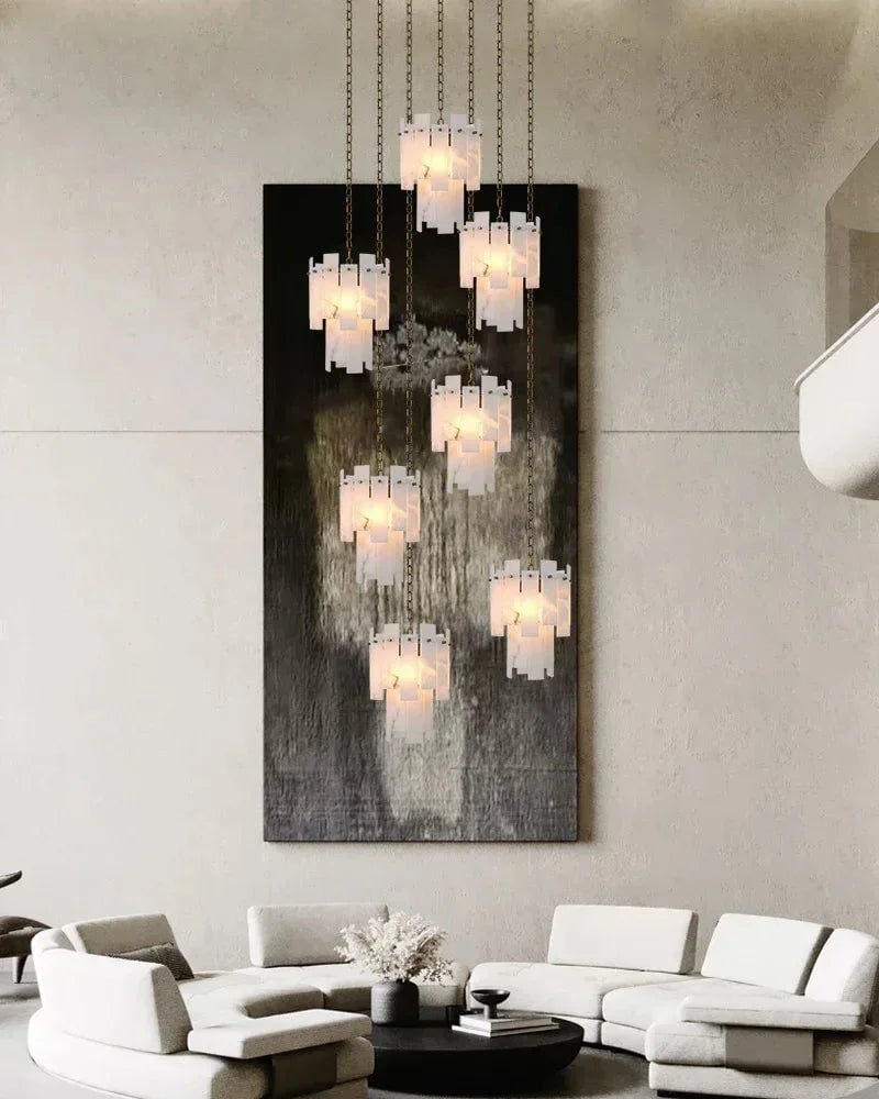 LightsStory Series Geometric Chandelier | Dual-Tier Smooth Alabaster Marble, Antique Brass finish for Bedrooms and cozy corners Luxury Modern Chandelier