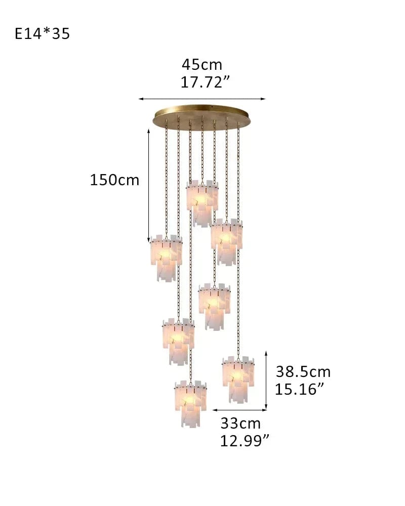 LightsStory Series Geometric Chandelier | Dual-Tier Smooth Alabaster Marble, Antique Brass finish for Bedrooms and cozy corners 7-light-D33*H38.5CM D12.99“*H15.16"-Round Board Brass Luxury Modern Chandelier