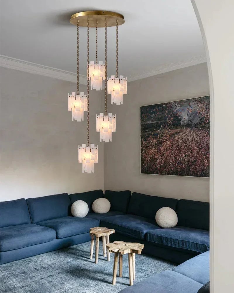LightsStory Series Geometric Chandelier | Dual-Tier Smooth Alabaster Marble, Antique Brass finish for Bedrooms and cozy corners Luxury Modern Chandelier