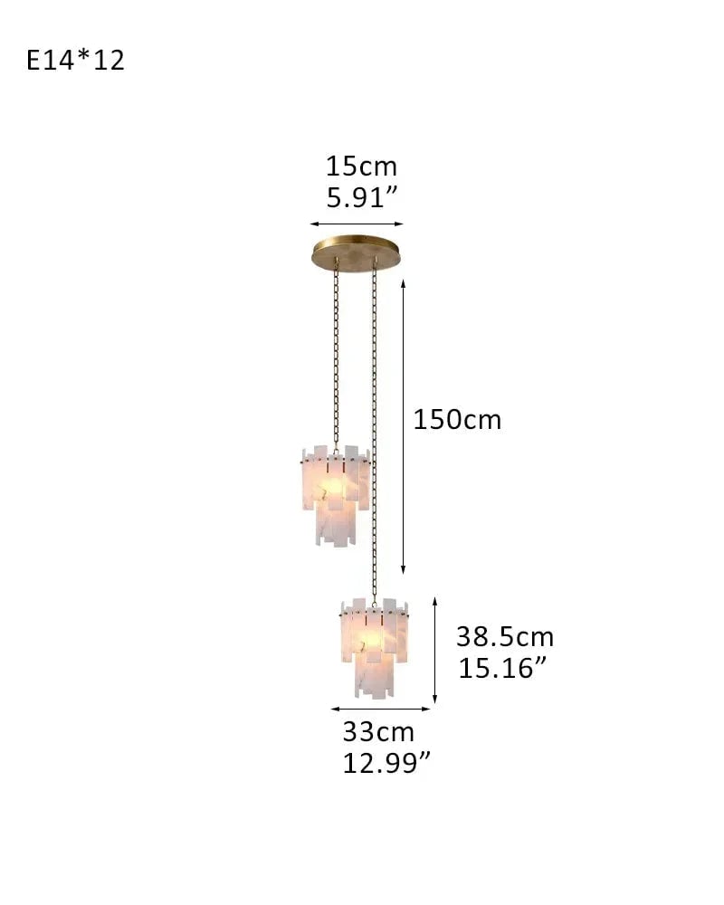 LightsStory Series Geometric Chandelier | Dual-Tier Smooth Alabaster Marble, Antique Brass finish for Bedrooms and cozy corners 2-light-D33*H38.5CM D12.99“*H15.16"-Round Board Brass Luxury Modern Chandelier
