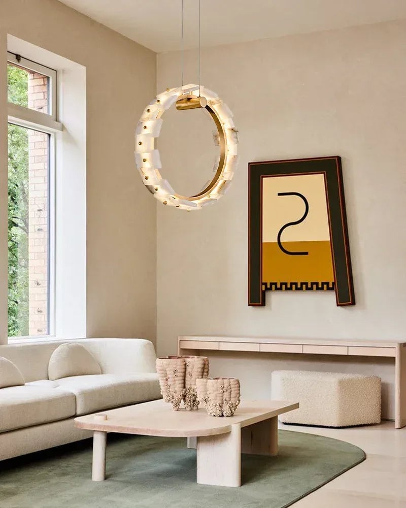 LightsStory Series Geometric Chandelier | Halo Natural Alabaster panels, Antique Brass finish for foyers or dining rooms Luxury Modern Chandelier