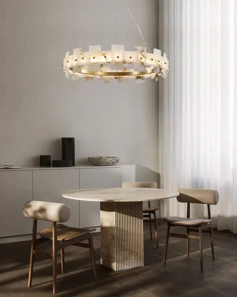 LightsStory Series Geometric Chandelier | Halo Natural Alabaster panels, Antique Brass finish for foyers or dining rooms Luxury Modern Chandelier