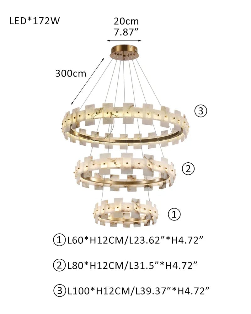 LightsStory Series Geometric Chandelier | Halo Natural Alabaster panels, Antique Brass finish for foyers or dining rooms L60+L80+L100CM L23.6"+L31.5"+L39.4" White + Brass Luxury Modern Chandelier
