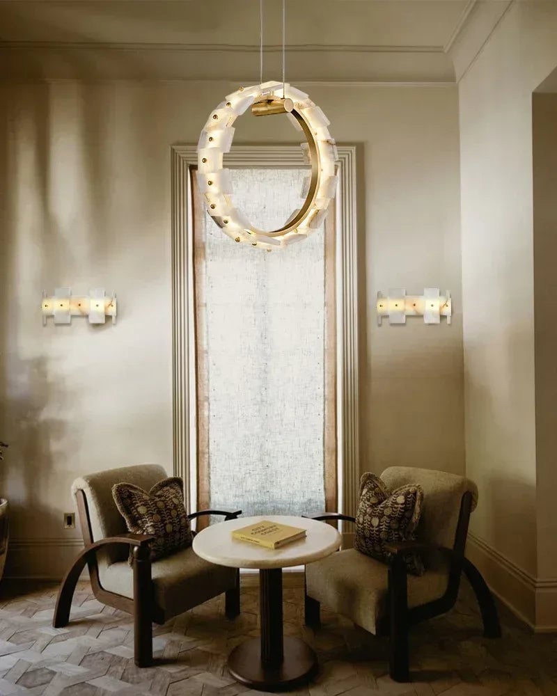 LightsStory Series Geometric Chandelier | Halo Natural Alabaster panels, Antique Brass finish for foyers or dining rooms Luxury Modern Chandelier