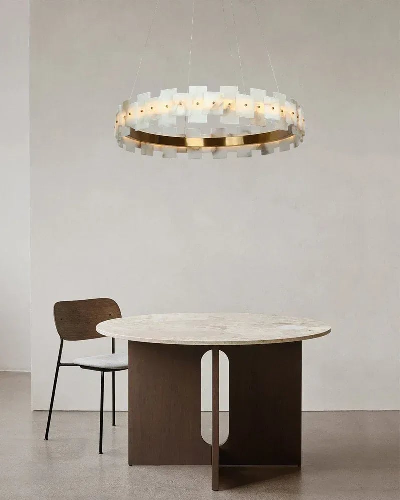 LightsStory Series Geometric Chandelier | Halo Natural Alabaster panels, Antique Brass finish for foyers or dining rooms Luxury Modern Chandelier