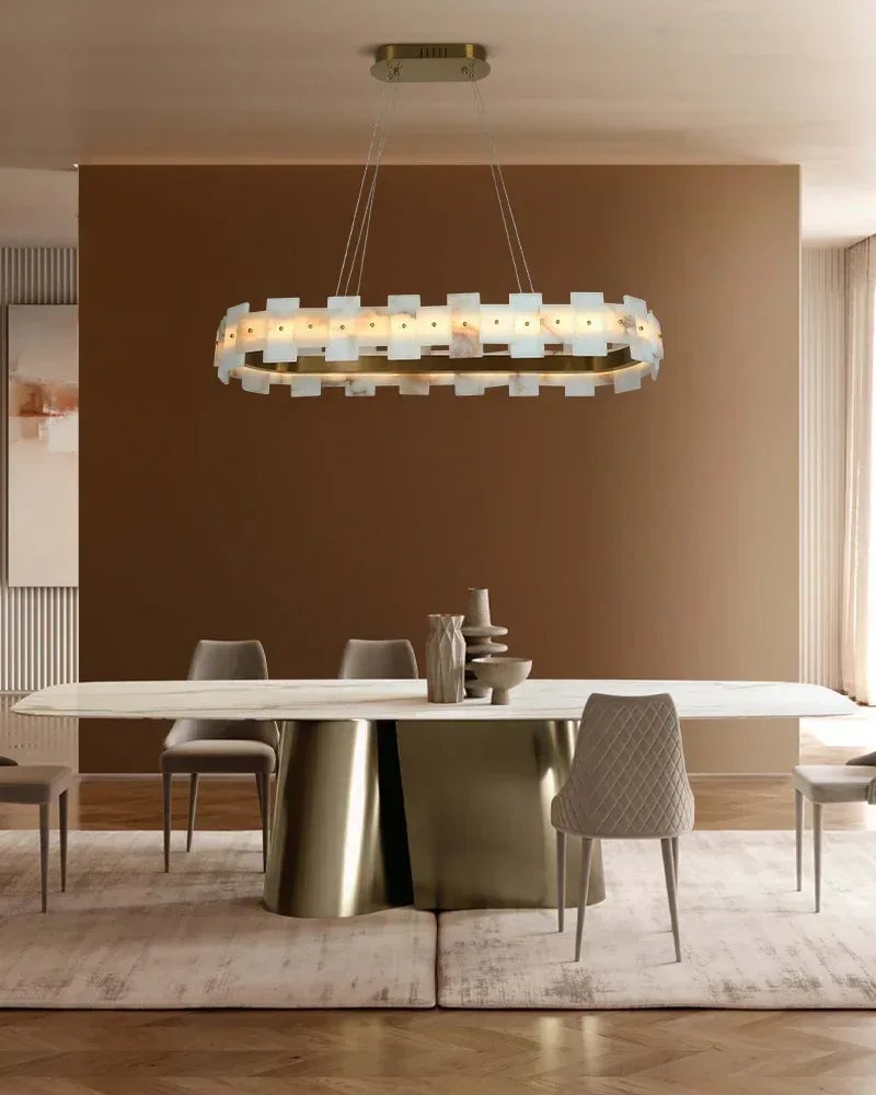 LightsStory Series Geometric Chandelier | Halo Ring Natural Alabaster panels with Antique Brass frame, Antique Brass finish for foyers and dining rooms Luxury Modern Chandelier