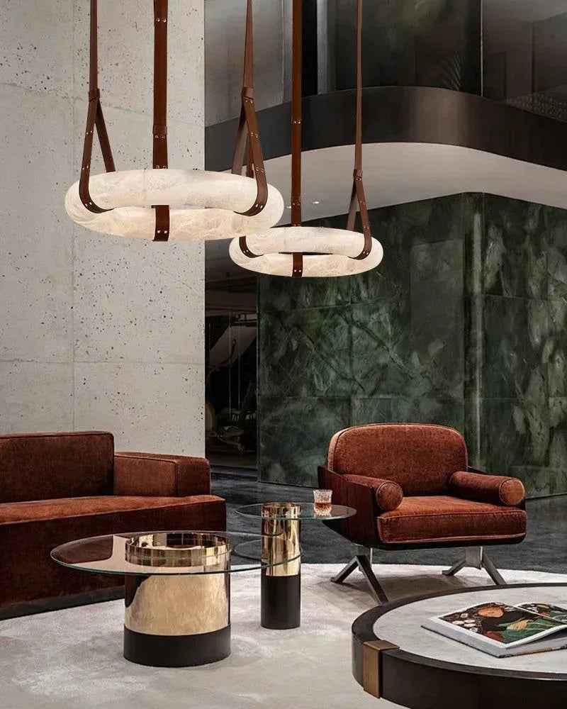LightsStory Series Geometric Chandelier | Halo Ring Natural Alabaster Stone and Braided Leather, Matte Black and Brass for Modern Dining Rooms and Minimalist Living Spaces Vintage Simple Pendant Lamp