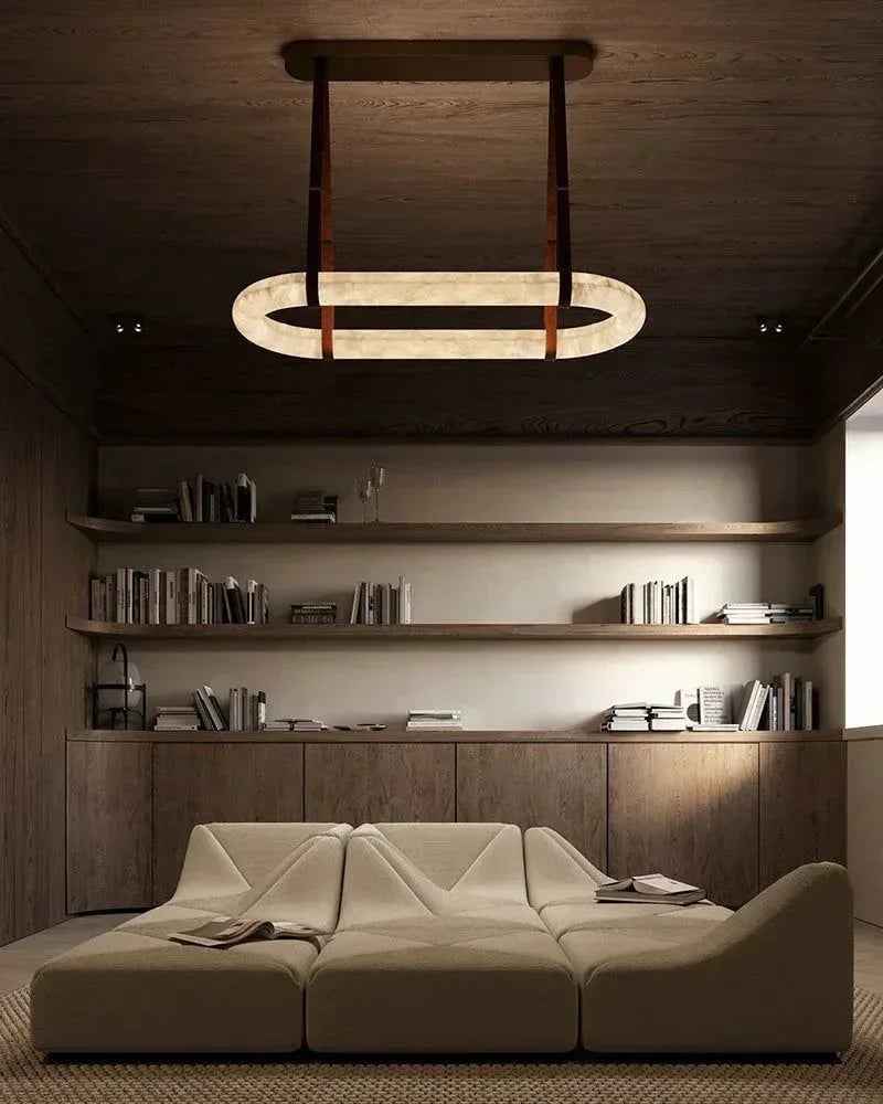 LightsStory Series Geometric Chandelier | Halo Ring Natural Alabaster Stone and Braided Leather, Matte Black and Brass for Modern Dining Rooms and Minimalist Living Spaces Vintage Simple Pendant Lamp