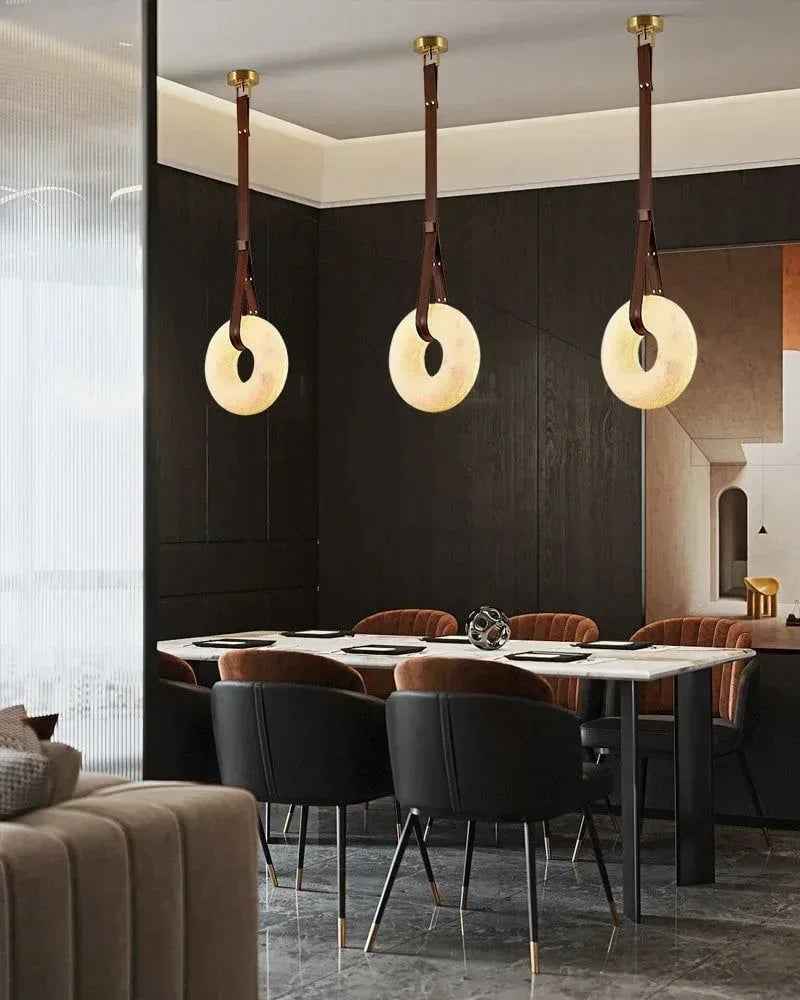 LightsStory Series Geometric Chandelier | Halo Ring Natural Alabaster Stone and Braided Leather, Matte Black and Brass for Modern Dining Rooms and Minimalist Living Spaces Vintage Simple Pendant Lamp