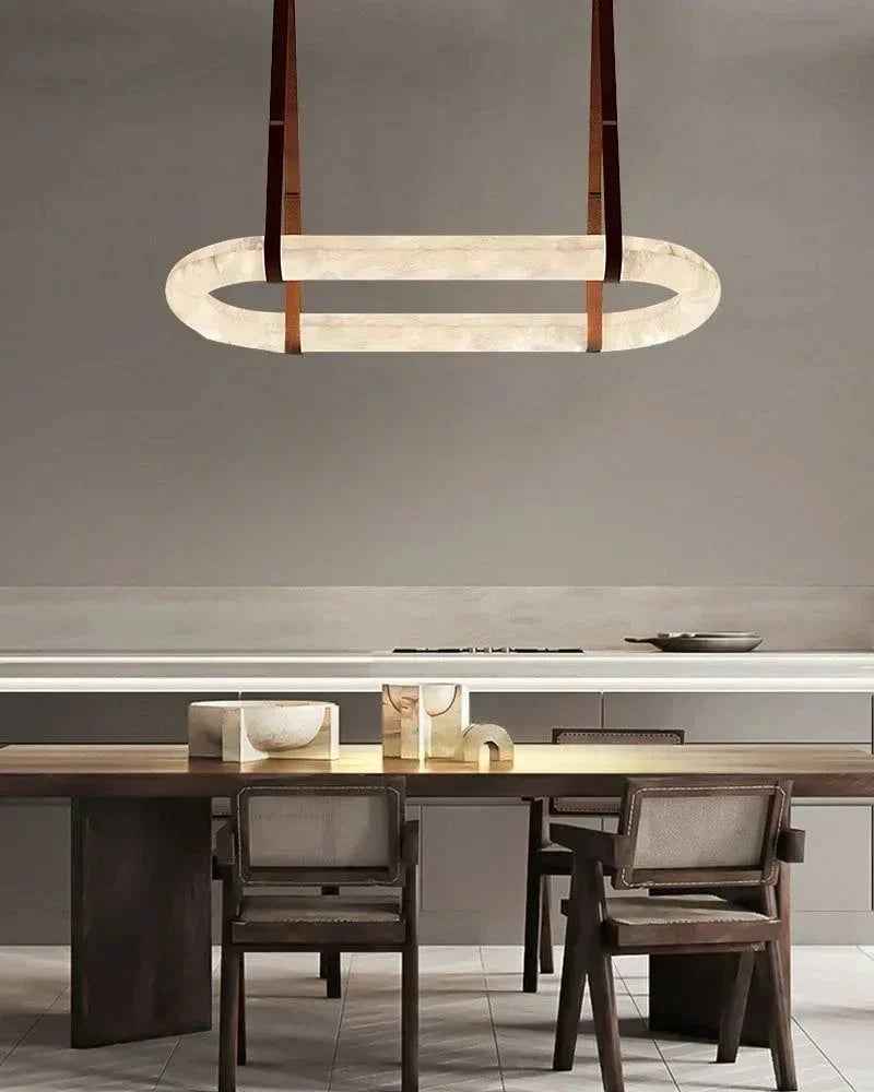 LightsStory Series Geometric Chandelier | Halo Ring Natural Alabaster Stone and Braided Leather, Matte Black and Brass for Modern Dining Rooms and Minimalist Living Spaces Vintage Simple Pendant Lamp