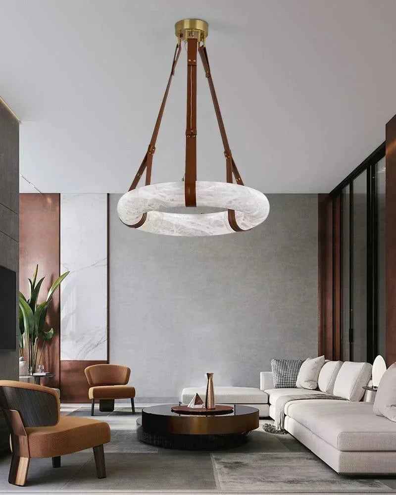 LightsStory Series Geometric Chandelier | Halo Ring Natural Alabaster Stone and Braided Leather, Matte Black and Brass for Modern Dining Rooms and Minimalist Living Spaces Vintage Simple Pendant Lamp