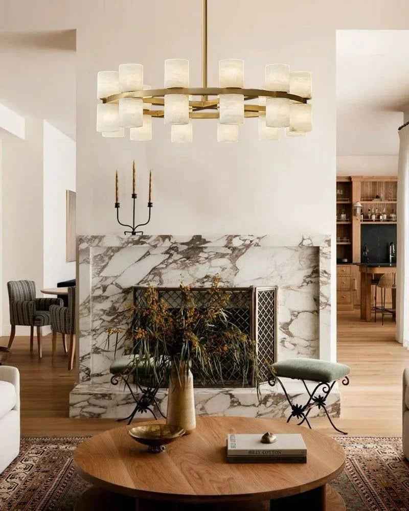 LightsStory Series Geometric Chandelier | Linear Marble-clad brass frame with industrial-chic rods, Warm Brass finish for Soaring foyers and statement dining rooms Modern Pendant lamp