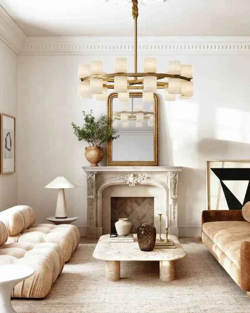 LightsStory Series Geometric Chandelier | Linear Marble-clad brass frame with industrial-chic rods, Warm Brass finish for Soaring foyers and statement dining rooms Modern Pendant lamp