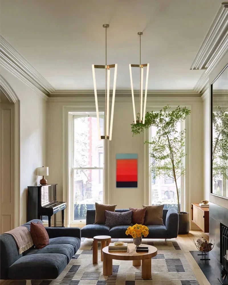 LightsStory Series Geometric Chandelier | Minimalist Pipeline Stainless titanium and premium acrylic, Brushed Gold titanium finish for Kitchen Islands and Living Rooms Modern Pendant lamp