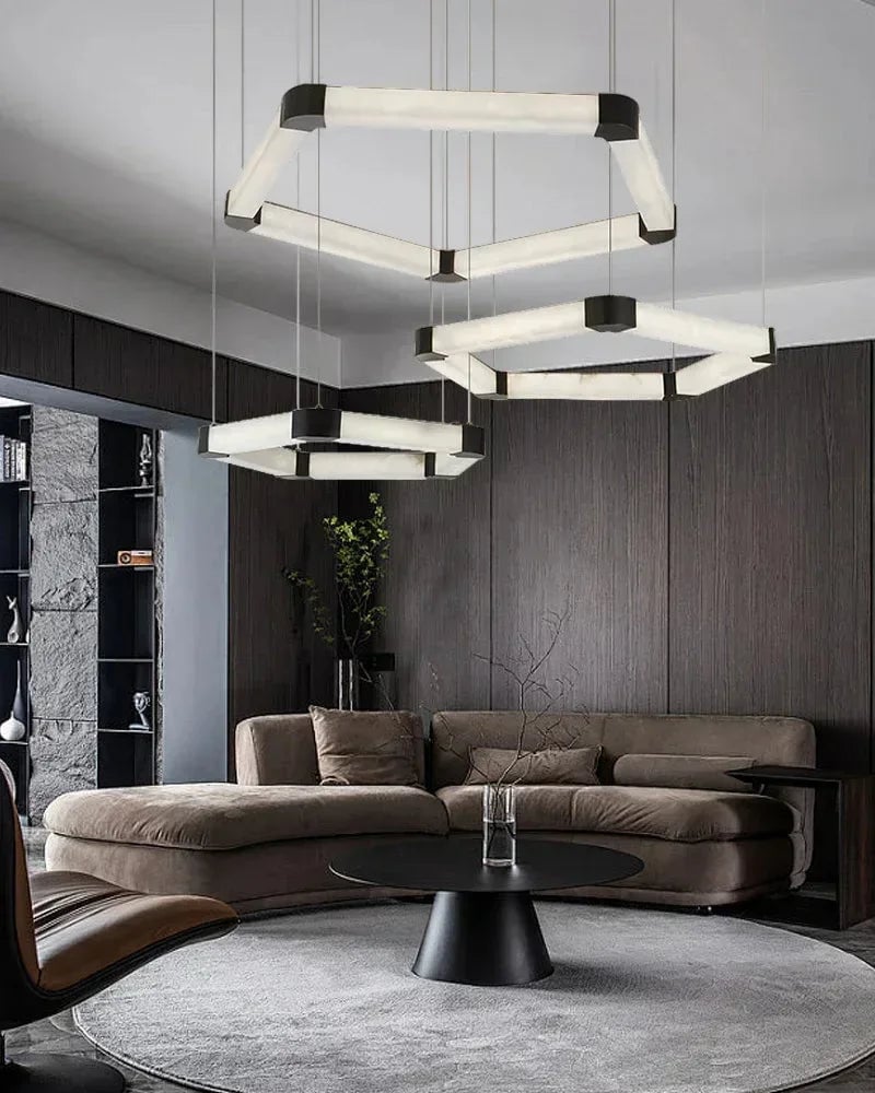 LightsStory Series Geometric Chandelier | Modular Ribbon Loops Natural Alabaster and Polished Stainless Steel, Polished Stainless Steel finish for Dining rooms, lobbies, and offices American Vintage chandelier lamp