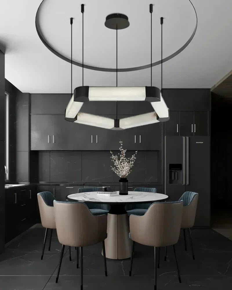 LightsStory Series Geometric Chandelier | Modular Ribbon Loops Natural Alabaster and Polished Stainless Steel, Polished Stainless Steel finish for Dining rooms, lobbies, and offices American Vintage chandelier lamp