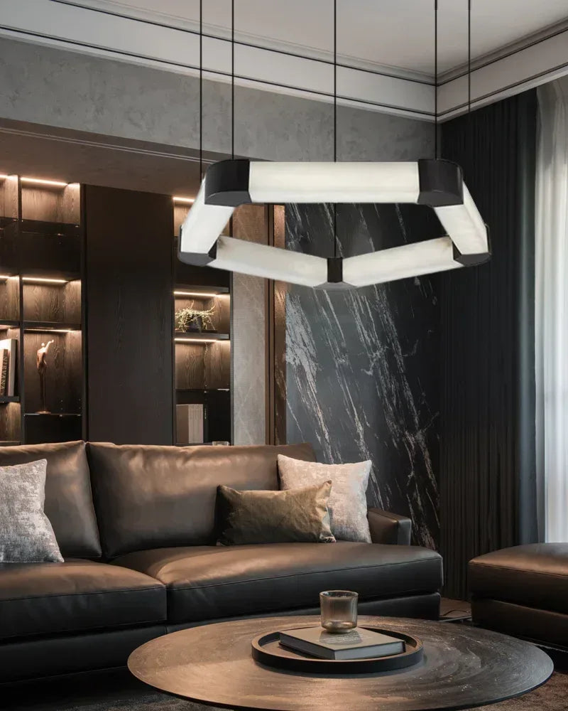 LightsStory Series Geometric Chandelier | Modular Ribbon Loops Natural Alabaster and Polished Stainless Steel, Polished Stainless Steel finish for Dining rooms, lobbies, and offices American Vintage chandelier lamp
