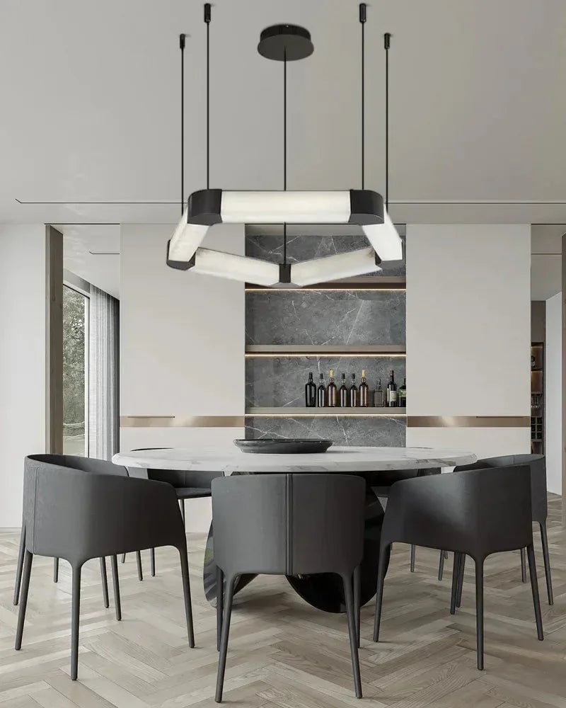 LightsStory Series Geometric Chandelier | Modular Ribbon Loops Natural Alabaster and Polished Stainless Steel, Polished Stainless Steel finish for Dining rooms, lobbies, and offices American Vintage chandelier lamp