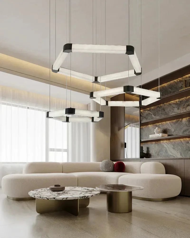 LightsStory Series Geometric Chandelier | Modular Ribbon Loops Natural Alabaster and Polished Stainless Steel, Polished Stainless Steel finish for Dining rooms, lobbies, and offices American Vintage chandelier lamp