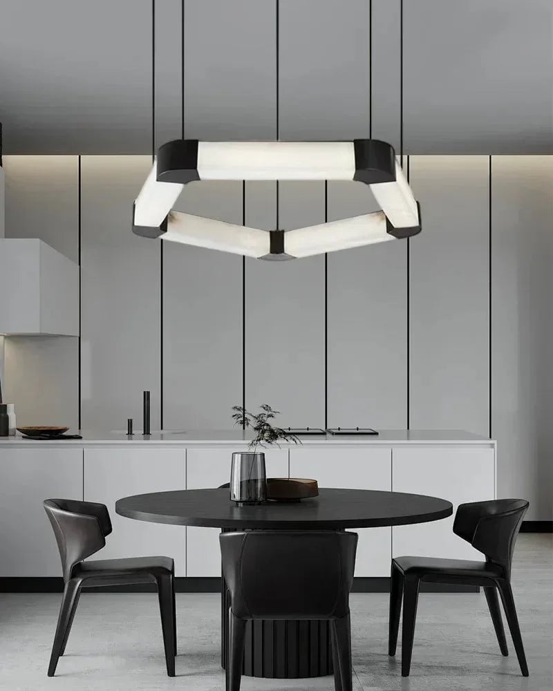 LightsStory Series Geometric Chandelier | Modular Ribbon Loops Natural Alabaster and Polished Stainless Steel, Polished Stainless Steel finish for Dining rooms, lobbies, and offices American Vintage chandelier lamp