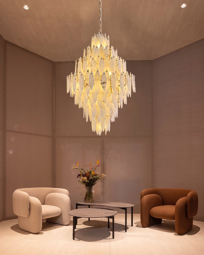 LightsStory Series Geometric Chandelier | Multi-Tier Round Hand-selected natural marble alabaster, Brass and Black metal finish for Modern dining rooms and entryways Luxury Modern Chandelier