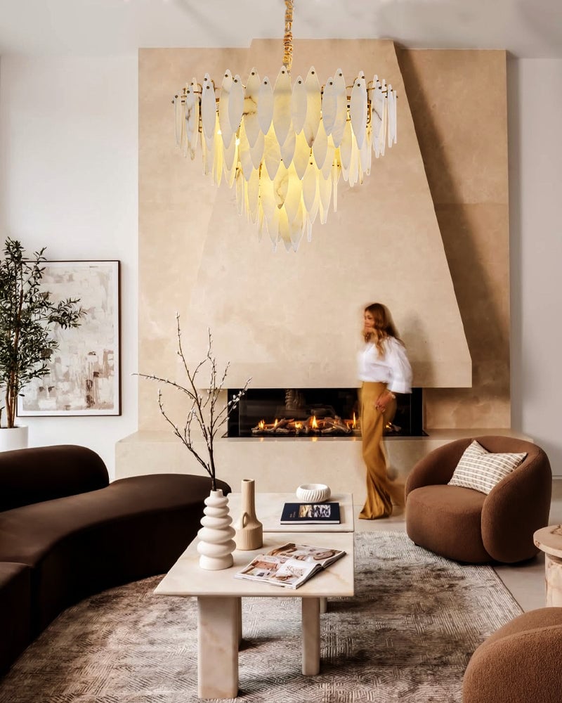 LightsStory Series Geometric Chandelier | Multi-Tier Round Hand-selected natural marble alabaster, Brass and Black metal finish for Modern dining rooms and entryways Luxury Modern Chandelier