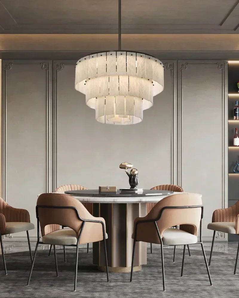 LightsStory Series Geometric Chandelier | Multi-Tier Snowflake Natural Gypsum Alabaster, Black Framework for High Ceilings and Spacious Entrances Luxury Modern Chandelier