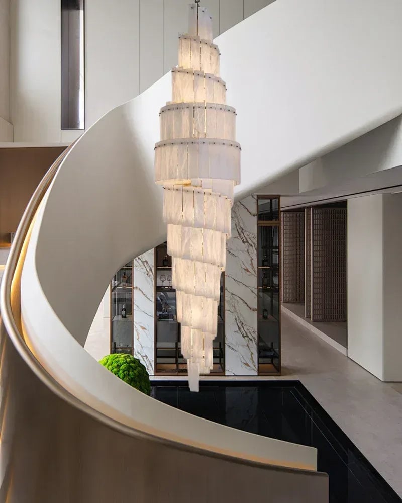 LightsStory Series Geometric Chandelier | Multi-Tier Snowflake Natural Gypsum Alabaster, Black Framework for High Ceilings and Spacious Entrances Luxury Modern Chandelier